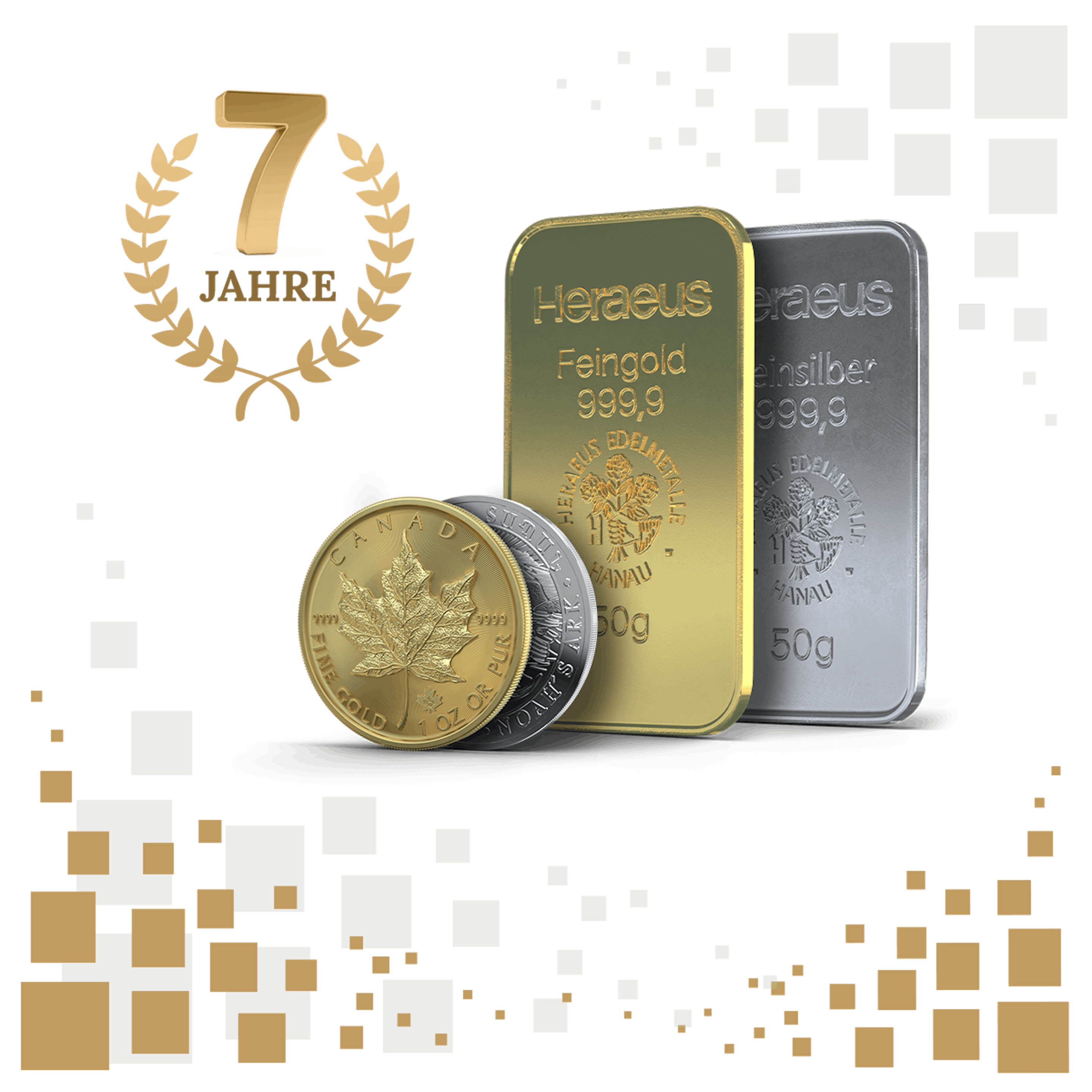 Neben einem Kranz, in welchem 7 Jahre steht, sind ein Goldbarren und -münze und ein Silberbarren und -münze abgebildet. Golden Gates, Ihr anerkannter Edelmetallhändler seit 7 Jahren.