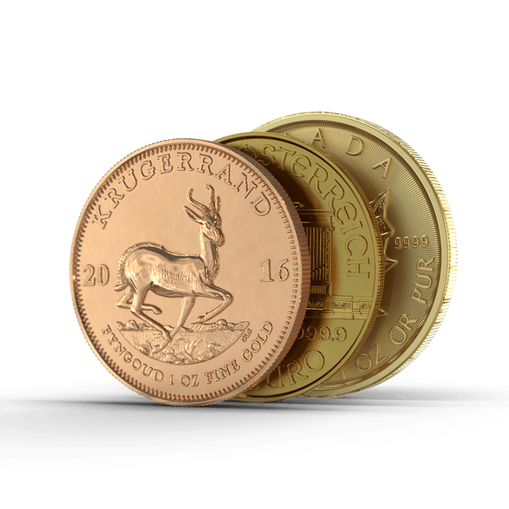 Drei hintereinander aufgereihte Goldmünzen (Krügerrand, Wiener Philharmoniker, Maple Leaf,). Diese können Sie in verschiedenen Größen im Goldgeschäft erwerben.