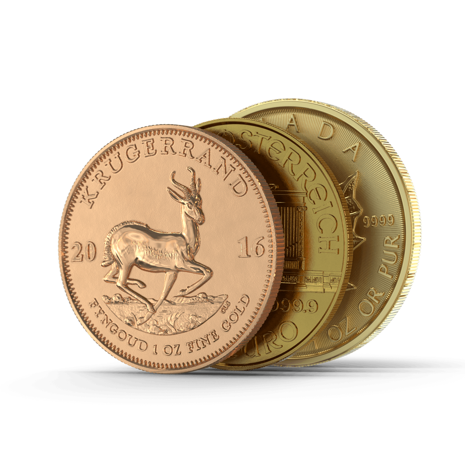 Drei hintereinander aufgereihte Goldmünzen (Krügerrand, Wiener Philharmoniker, Maple Leaf,). Diese können Sie in verschiedenen Größen im Goldgeschäft erwerben.